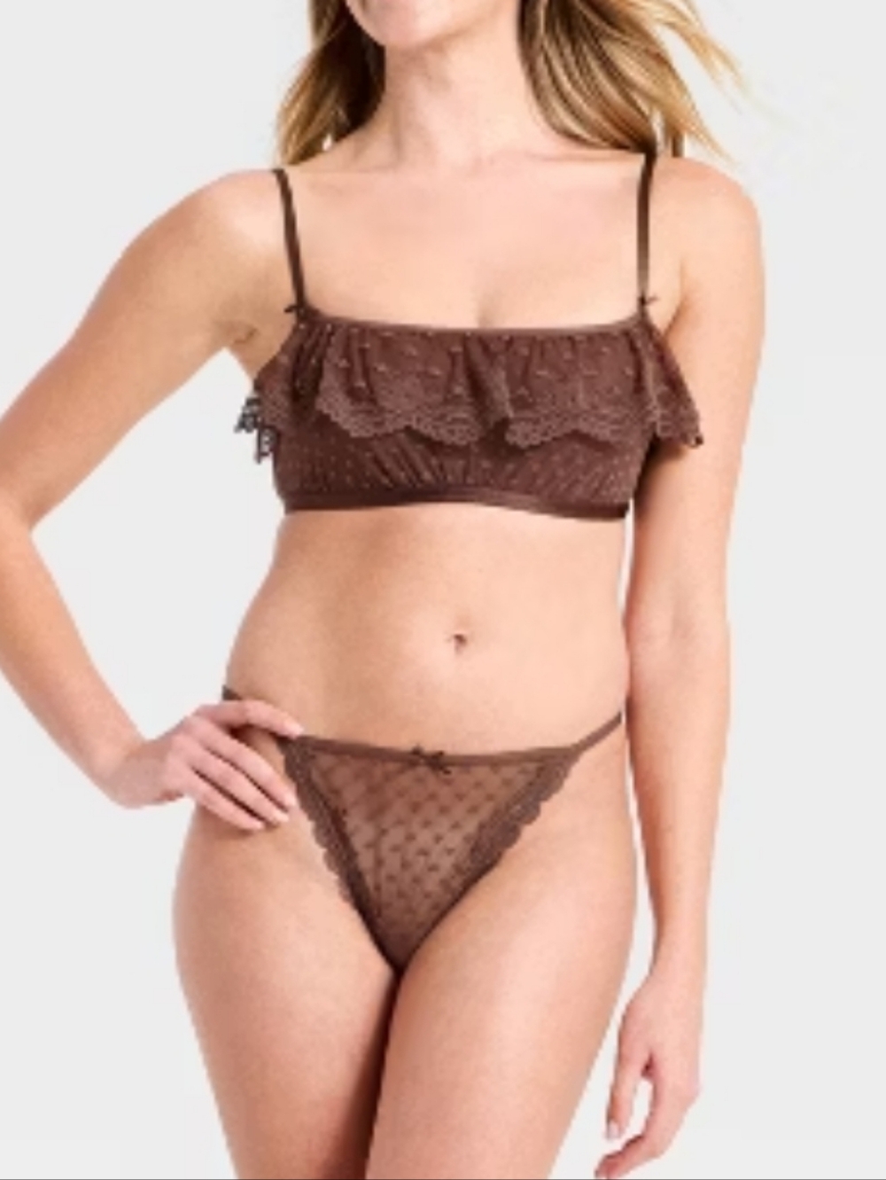 Wild Fable Brown Lace Ruffle Bralette & Thong Set - Women Intimates